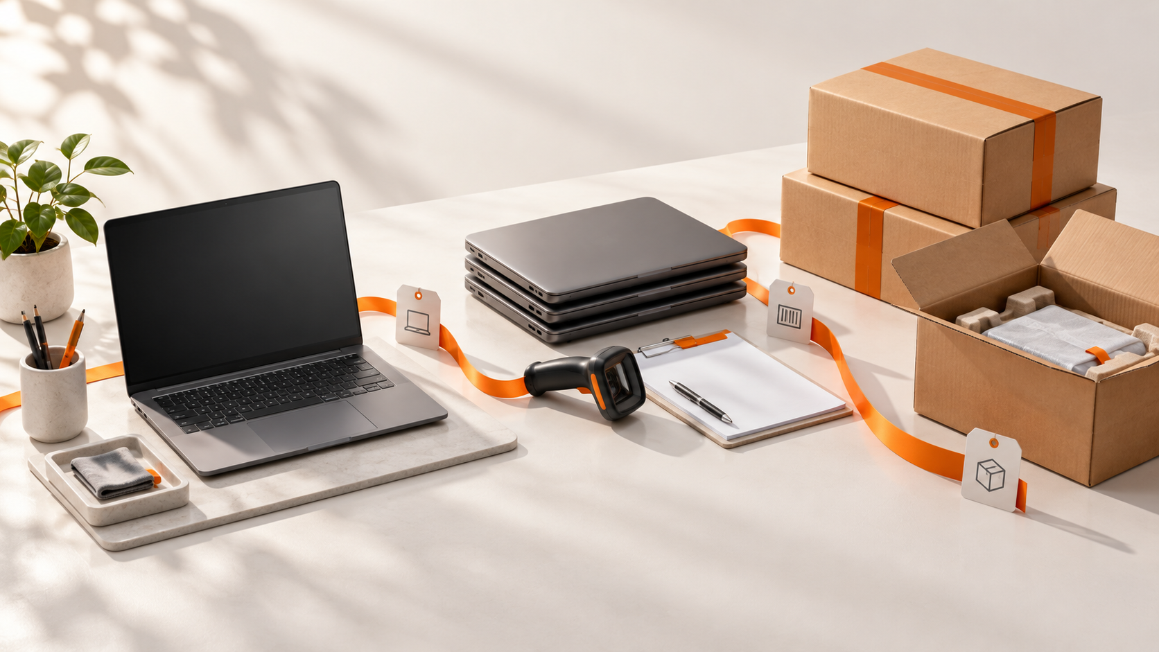 Concept illustration of laptop preparation, barcode records and delivery packing